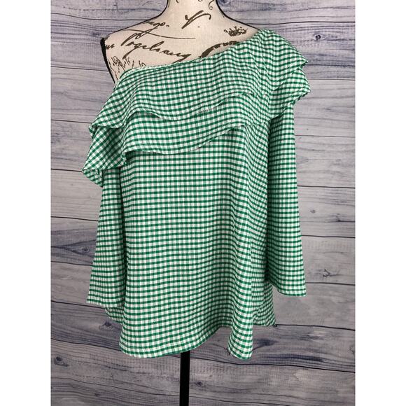 Cato One Shoulder Ruffle Blouse Top Women Size Medium Green Gingham Stretch - Picture 2 of 12